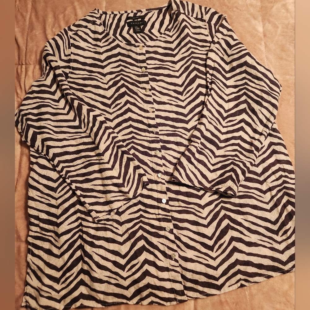 Tahari 100% Linen Zebra Print Button-Up Shirt Size 2x